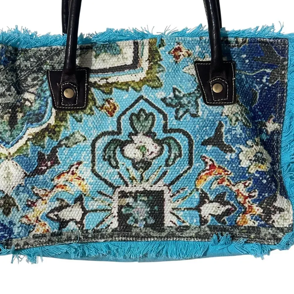 Myra Bag Ocean Live Small Tote Bag Womens Turquoise Canvas Leather Rug Boho - Picture 3 of 12